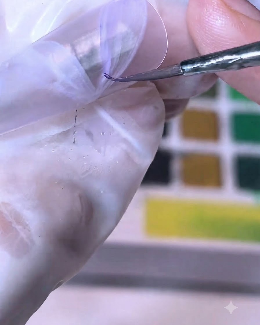 Un pennello fine che applica la pittura ad acquerello viola su un design a nastro bianco su una tip.
