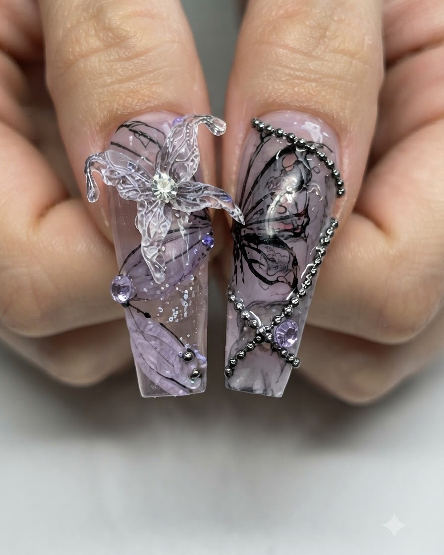Una vista ravvicinata di un foglio trasparente con un contorno di farfalla 3D disegnato a mano in gel trasparente.