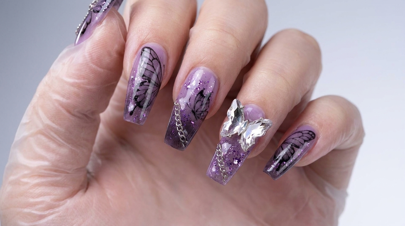 Scatto macro ravvicinato delle unghie finte viola punk con farfalle, caratterizzate da una sfumatura viola traslucida, contorni neri ad acquerello, catene e decorazioni a forma di farfalla in cristallo 3D.