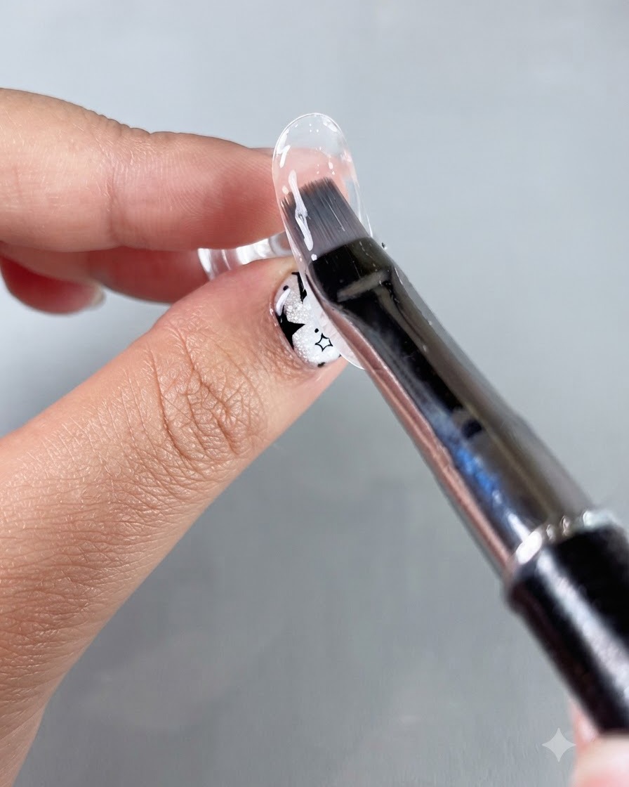 Un pennello da gel che stende uniformemente uno strato di gel base in resina trasparente sulla superficie di ununghia di prova.
