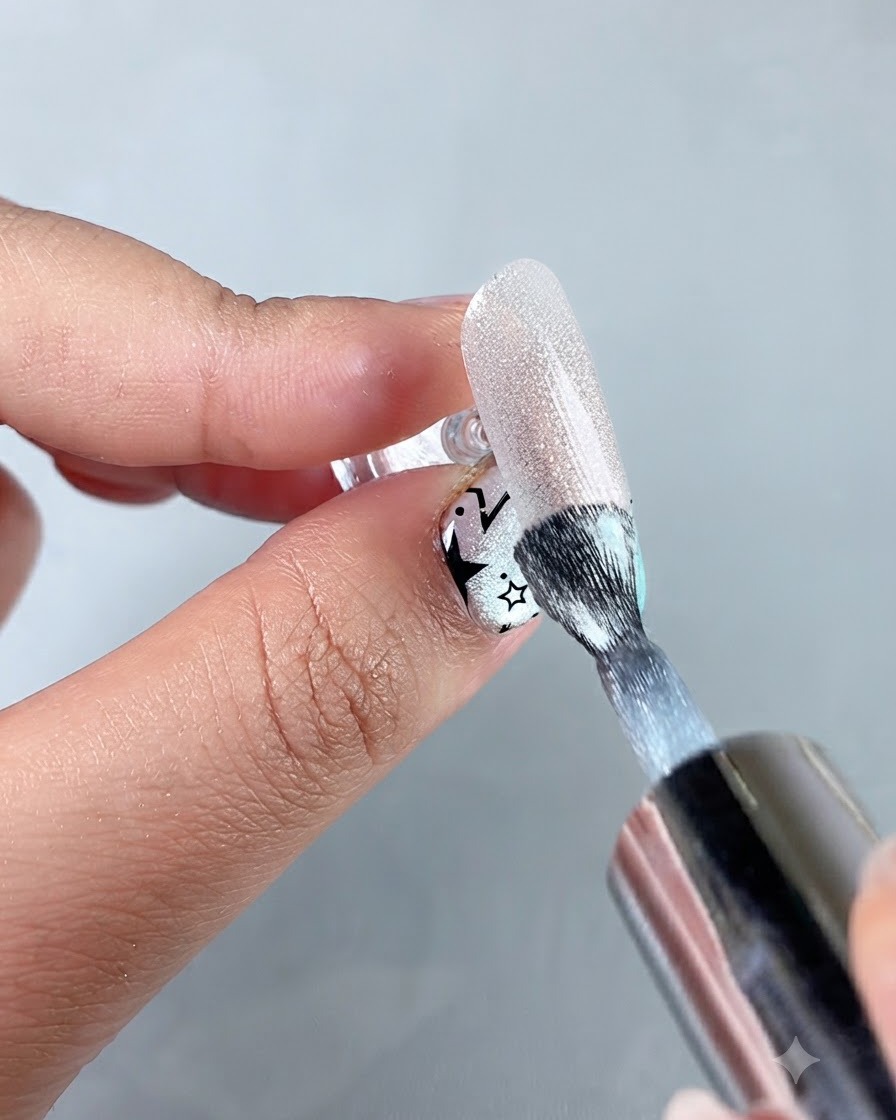 Un pennello che applica uniformemente il gel cat eye acqua brillante sulla superficie dellunghia preparata.