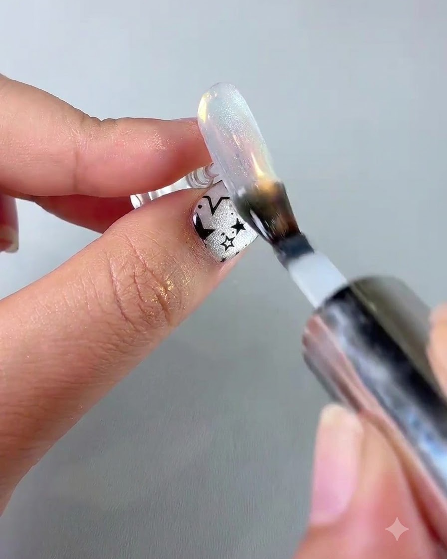 Un pennello per unghie che applica un ultimo strato di top coat lucido su un design completato di unghia aurora bubble cat eye.