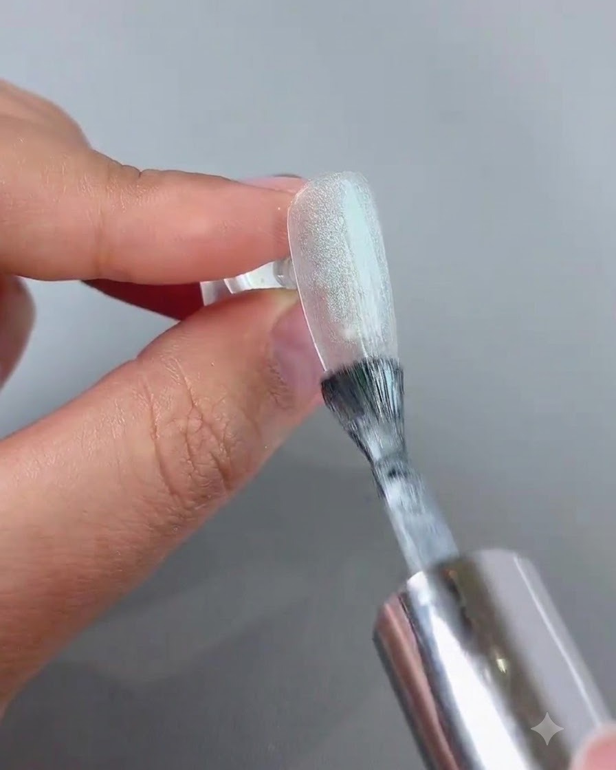 Una bacchetta magnetica tenuta vicino a ununghia in gel cat-eye lucida per formare un effetto di luce sferico luminoso.