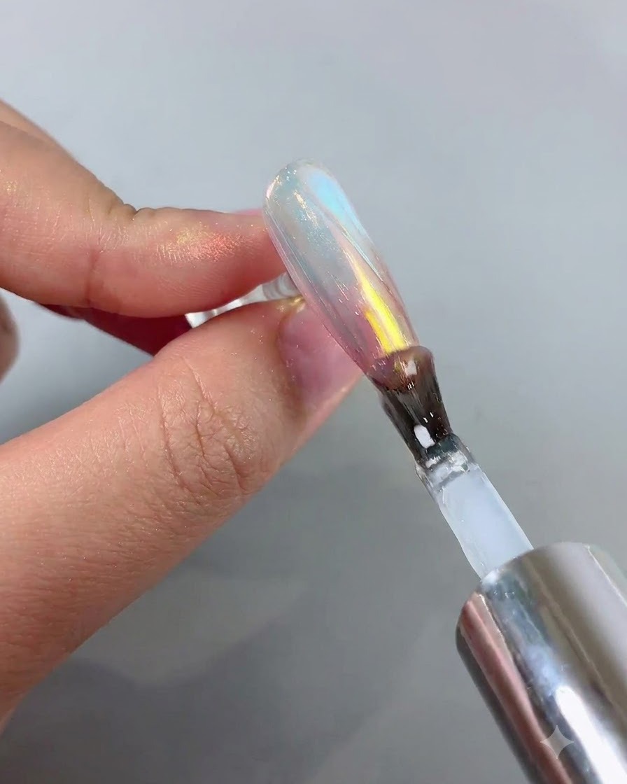 Un pennello per unghie che applica un top coat trasparente su ununghia con finitura cromo aurora da rosa a blu.
