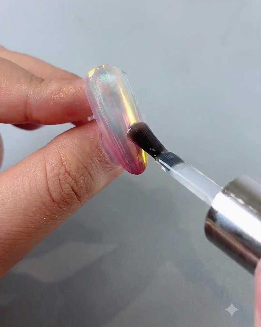Un pennello che applica uno strato di top coat lucido su una superficie di unghia in cromo aurora.