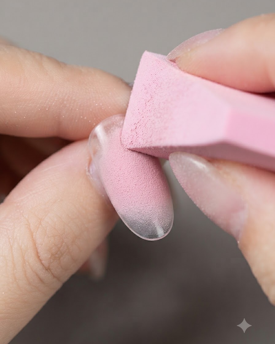 Un pennello che applica un morbido gel blush nude rosato al centro di una tip per unghie.
