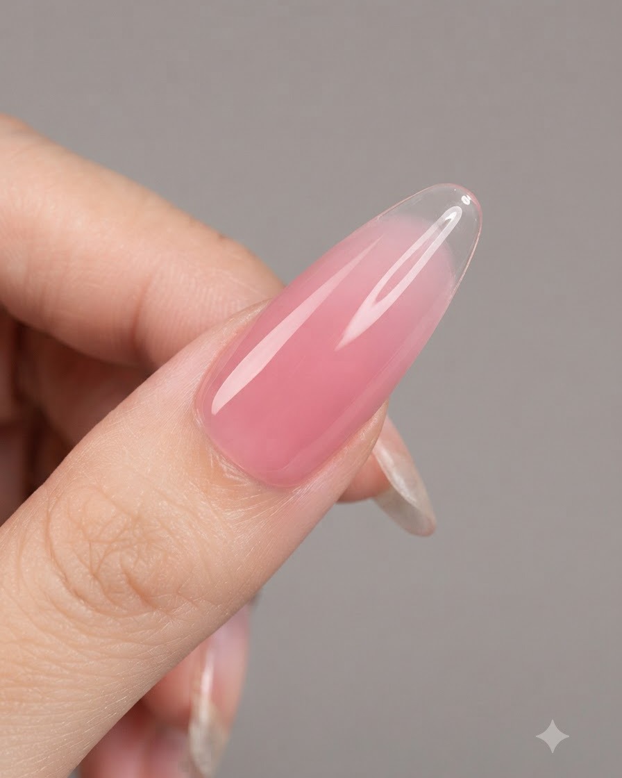 Unghie in fase di polimerizzazione sotto una lampada UV/LED dopo lapplicazione del gel nude velato.