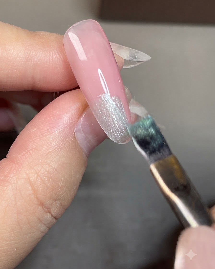 Un pennello che applica lo smalto gel cat-eye blu sulla punta di ununghia.
