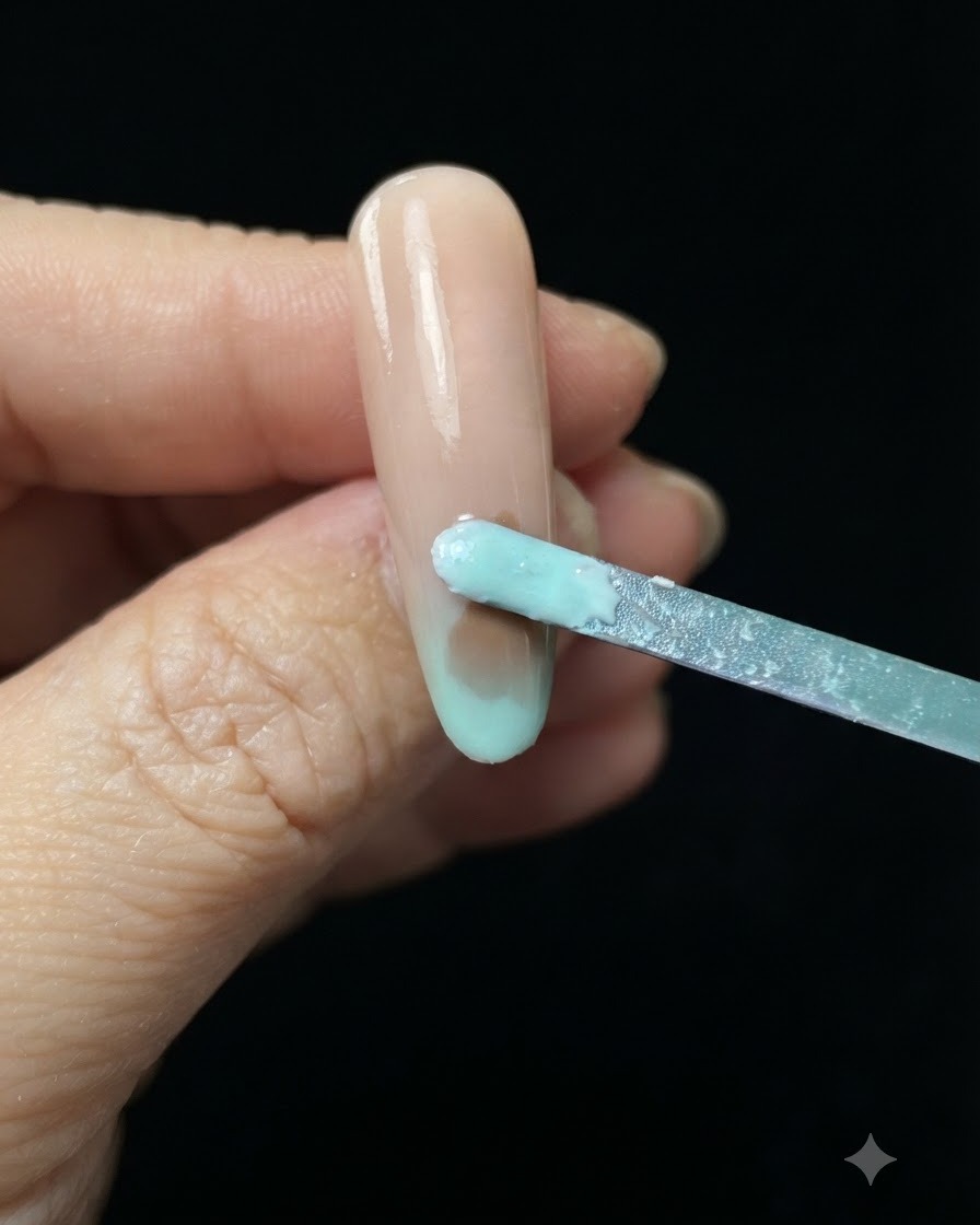 Una spugnetta per make-up che tampona smalto gel azzurro e verde sulla punta di ununghia nude.