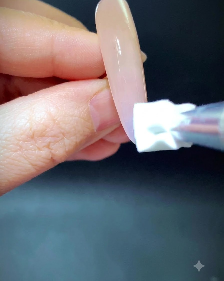 Una spugnetta che tampona pigmento blu e verde verso lalto su unestensione per unghie nude.