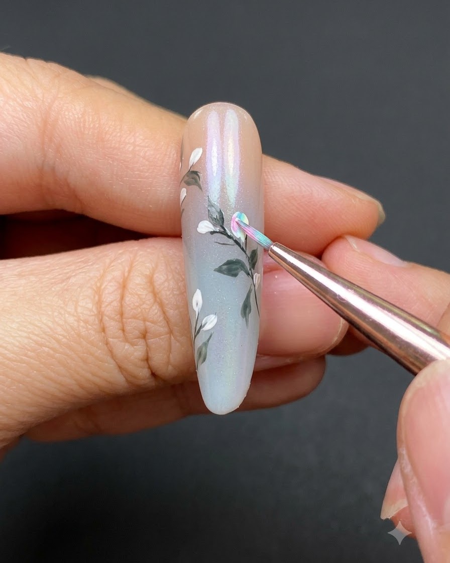 Un pennello fine che riempie il centro di un bocciolo di fiore bianco con gel rosa su ununghia sfumata.