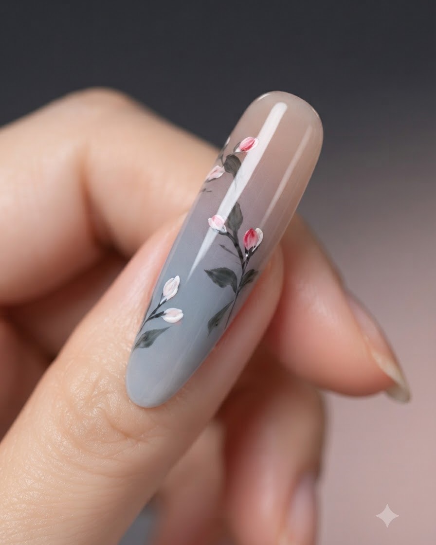 Una vista in primo piano di un design di nail art che mostra sottili contorni scuri attorno ai boccioli di fiore dipinti.