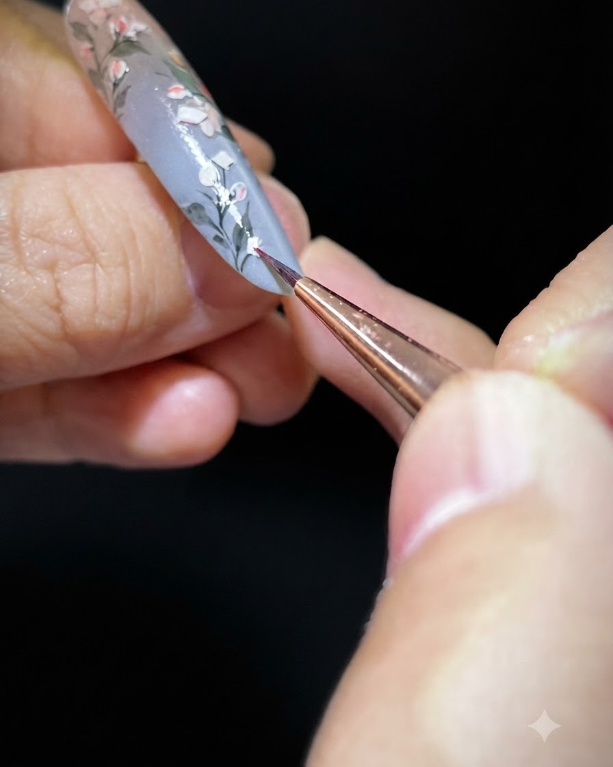 Un pennello che riveste lintera superficie dellunghia con gel costruttore trasparente per sigillare la nail art.