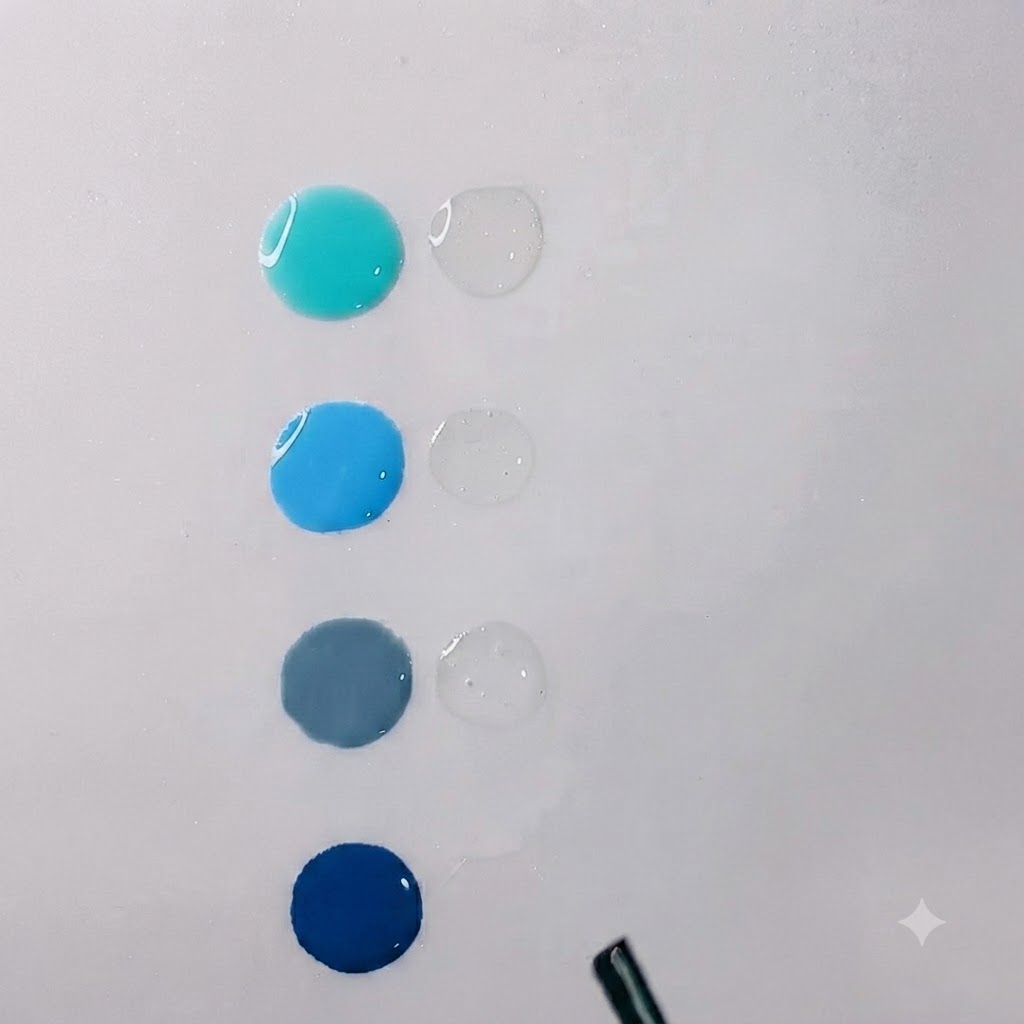 Gocce di gel blu acqua vivace e gel trasparente posizionate ordinatamente su una tavolozza bianca e pulita.