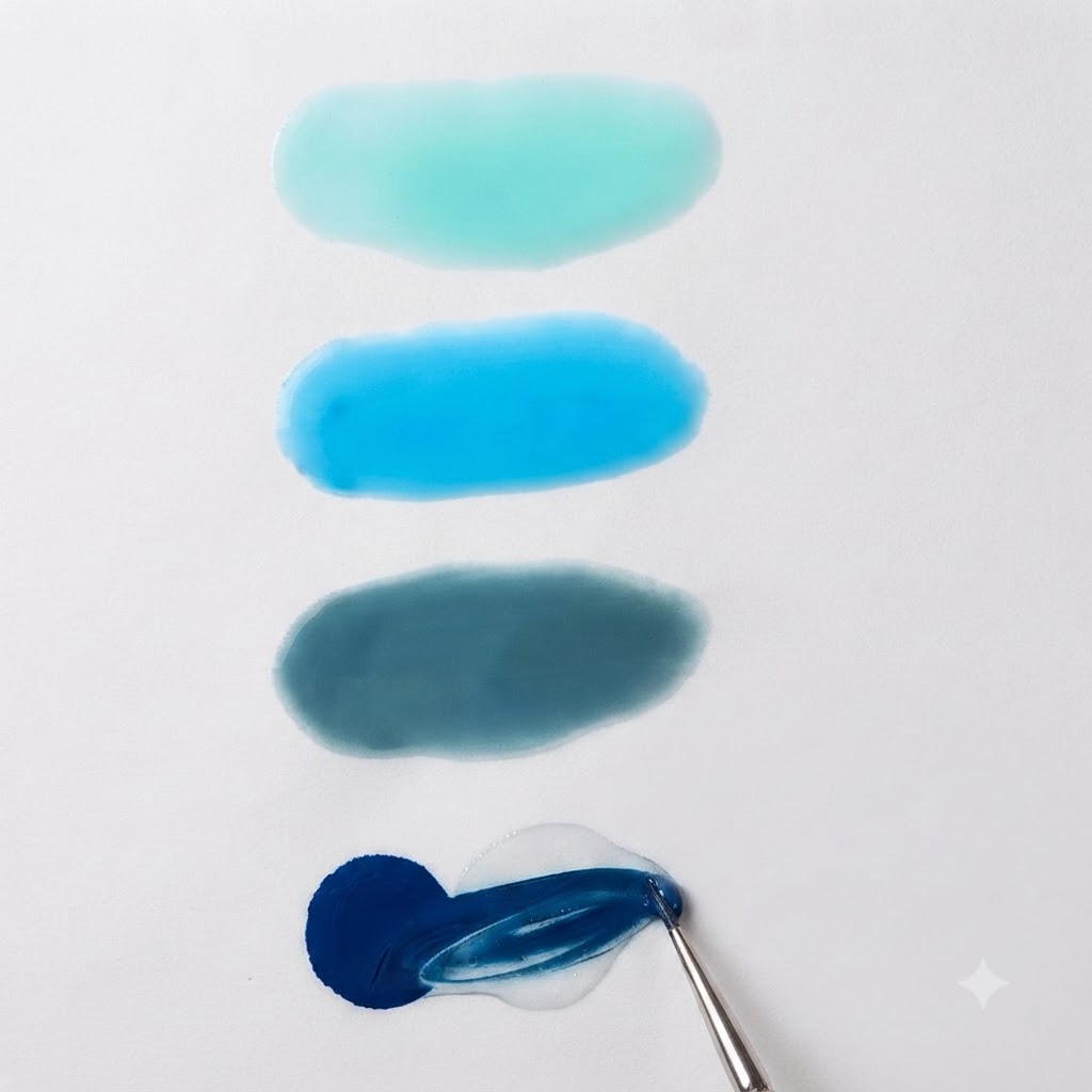 Un pennello per unghie che mescola il gel blu Morandi scuro con il gel trasparente su una tavolozza bianca.