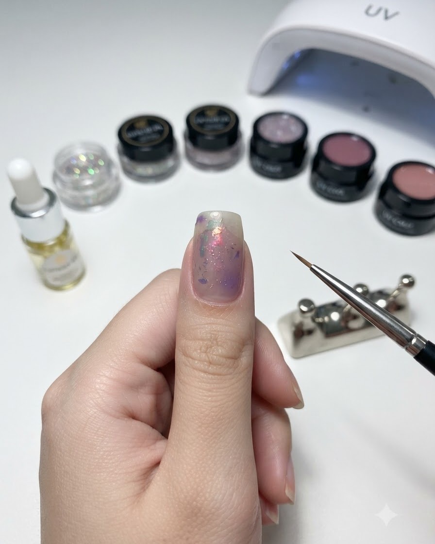 Una mano che tiene un pennello liner sottile vicino a una superficie di lavoro con prodotti per unghie, mostrando un pollice con nail art viola sfumata.