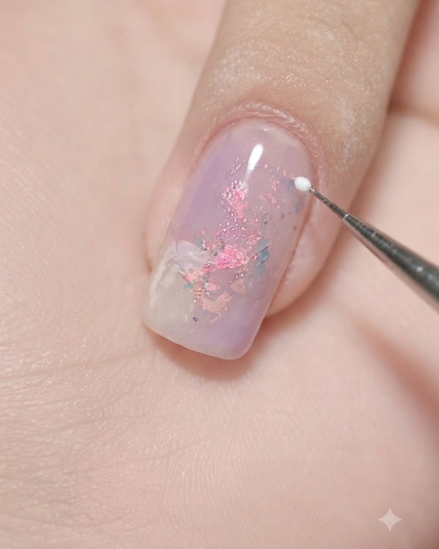 Un pennello liner sottile che crea una linea bianca sottile e curva su ununghia marmorizzata viola e rosa.