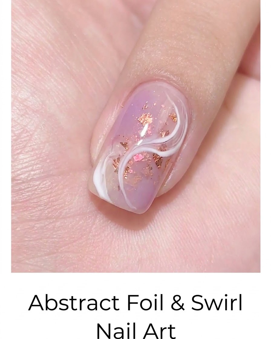 Una vista ravvicinata di un design di nail art astratta finito con una vena bianca fumé su uno sfondo viola con scaglie di foil.