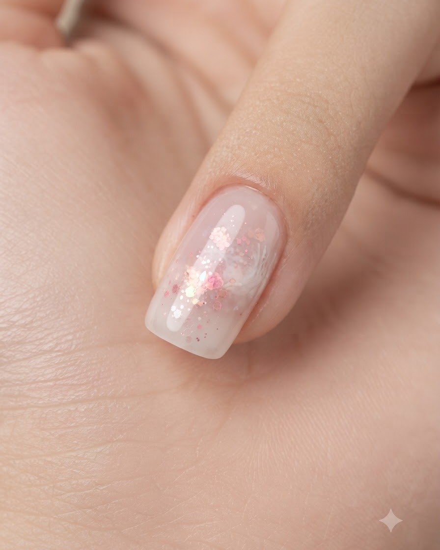 Un pennello piatto che fa scorrere uno strato trasparente di gel su ununghia decorata con glitter rosa e accenti bianchi.