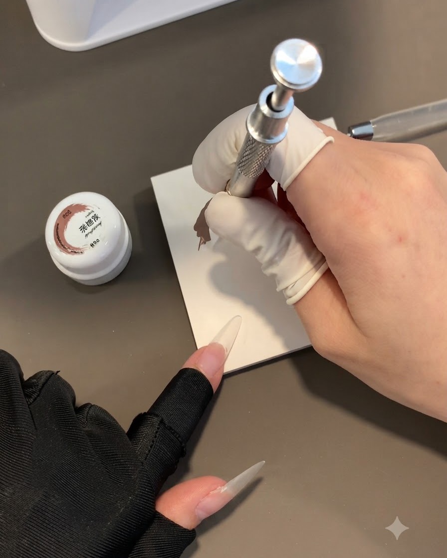 Una mano guantata che utilizza uno speciale strumento in spugna per tamponare il gel grigio su ununghia trasparente lunga.