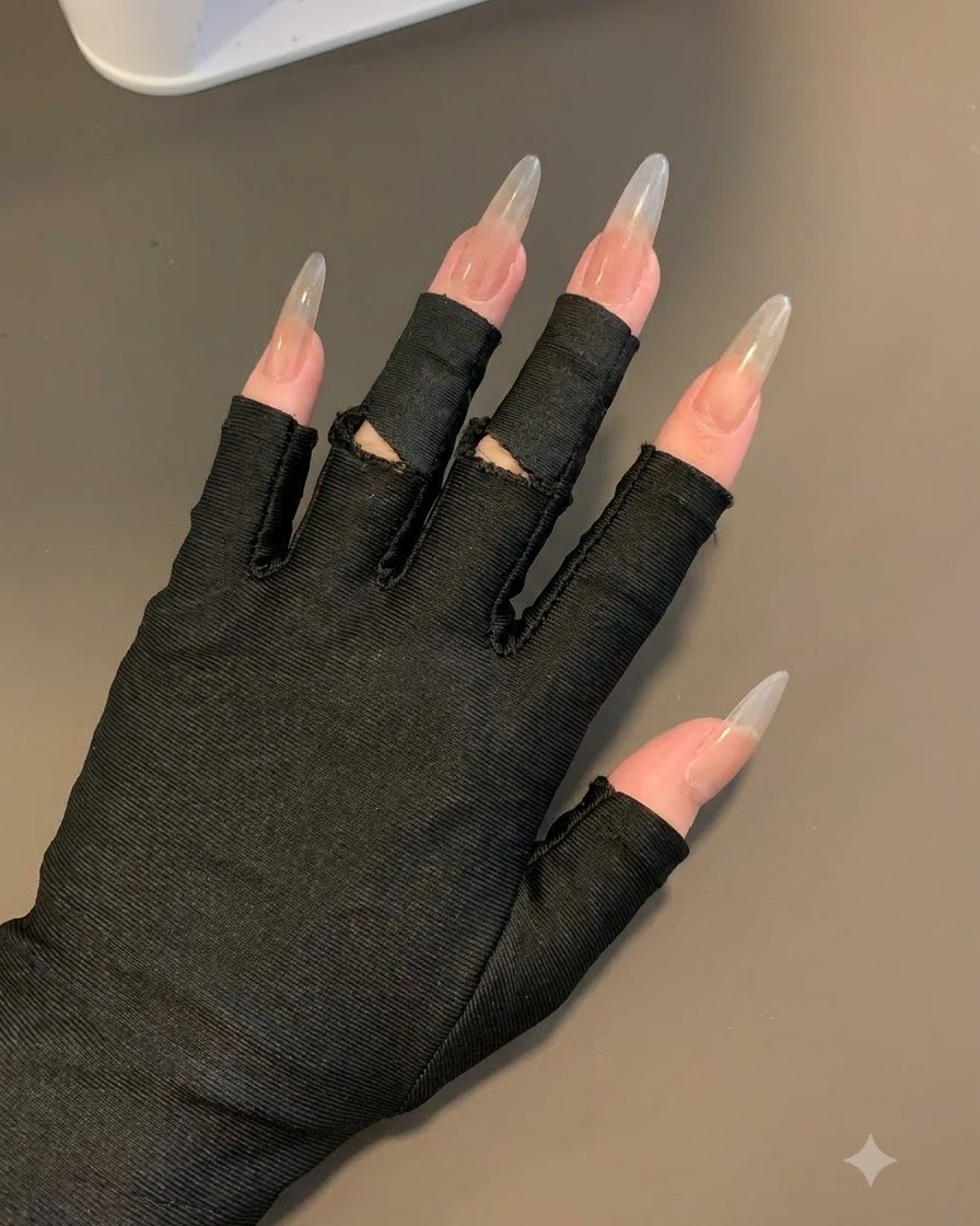 Una mano con guanti neri senza dita che mostra unghie lunghe con una morbida base grigia sfumata tamponata.