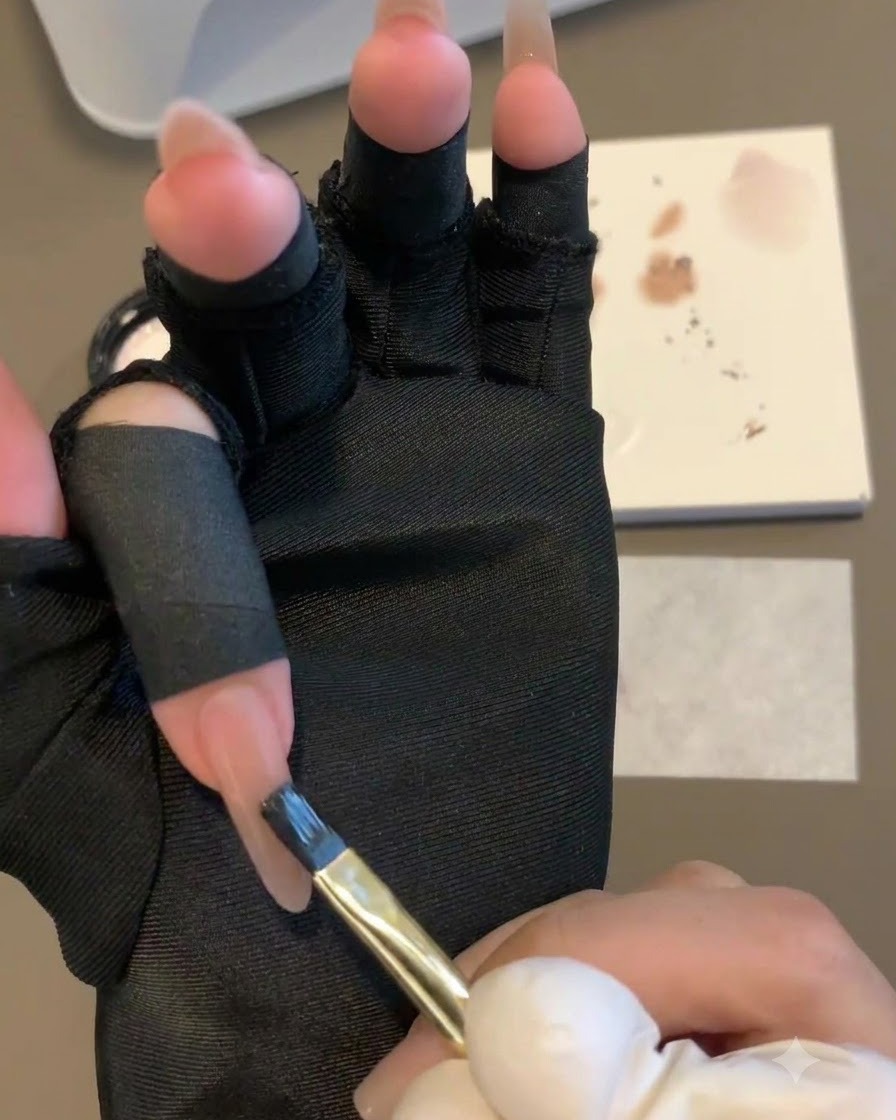 Un pennello piatto che tampona e tira delicatamente il gel viola verso lalto su ununghia per formare una sfumatura.