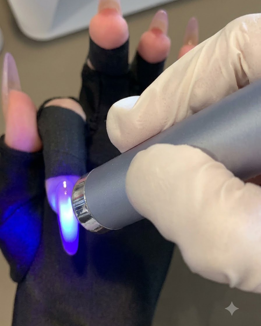 Una lampada UV portatile che catalizza lo strato di sfumatura viola su un dito.