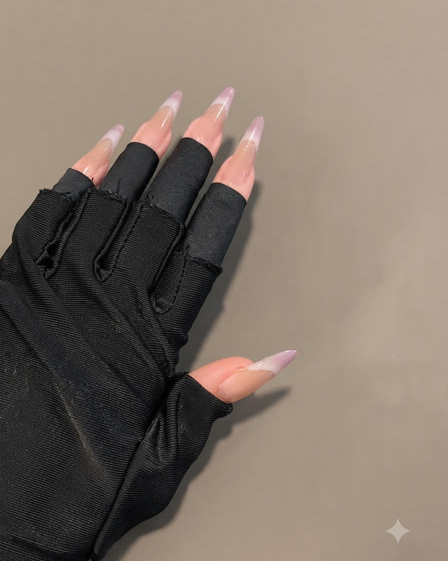 Una mano con guanti neri senza dita che mostra unghie ovali lunghe con una sfumatura viola trasparente completata.