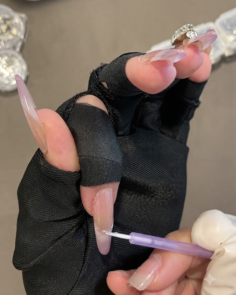 Una mano con guanti neri senza dita che tiene un pennello per applicare il gel trasparente attorno alla zona delle cuticole di ununghia.