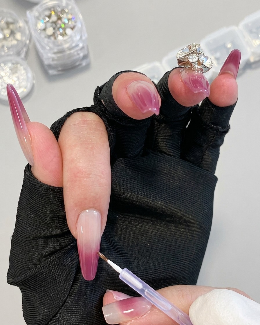 Una mano con guanti neri che tiene un pennello a dettaglio fine per applicare il gel viola in una linea precisa su ununghia.
