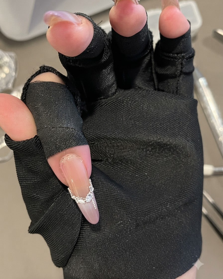 Una vista ravvicinata di una mano manicurata che indossa un guanto nero senza dita, che mostra il posizionamento dettagliato di strass e perline dacciaio su ununghia ovale lunga.
