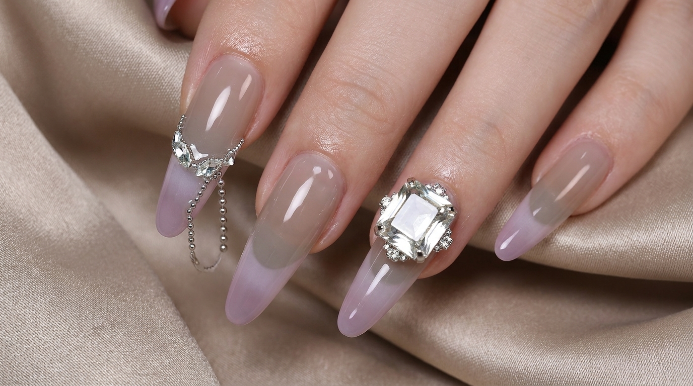 Un primo piano di unghie ovali lunghe finite con sfumatura da grigio a viola, accentuate da una punta French con strass e un grande cluster di cristalli.