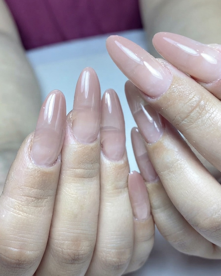 Un pennello per unghie che applica un sottile strato di gel colorato rosa chiaro su unghie a mandorla.