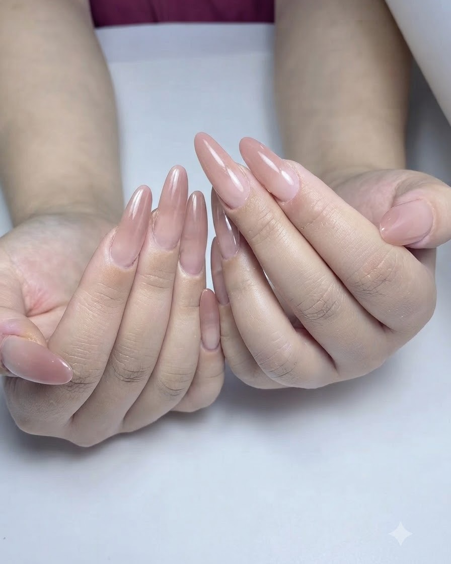 Una mano che mostra unghie a mandorla con un effetto sfumato in rosa chiaro più profondo dopo il secondo strato di colore.
