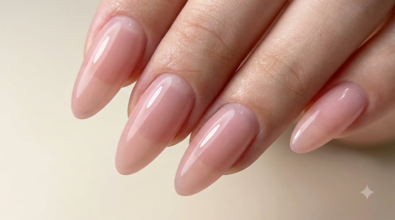 Primo piano di unghie lunghe a mandorla completate con una finitura sfumata in rosa tenue translucido.