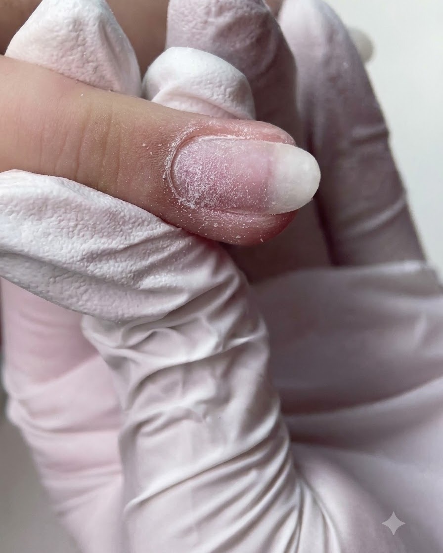 Una vista ravvicinata di una onicotecnica che utilizza una punta a cono rovesciato per pulire intorno alla zona delle cuticole.