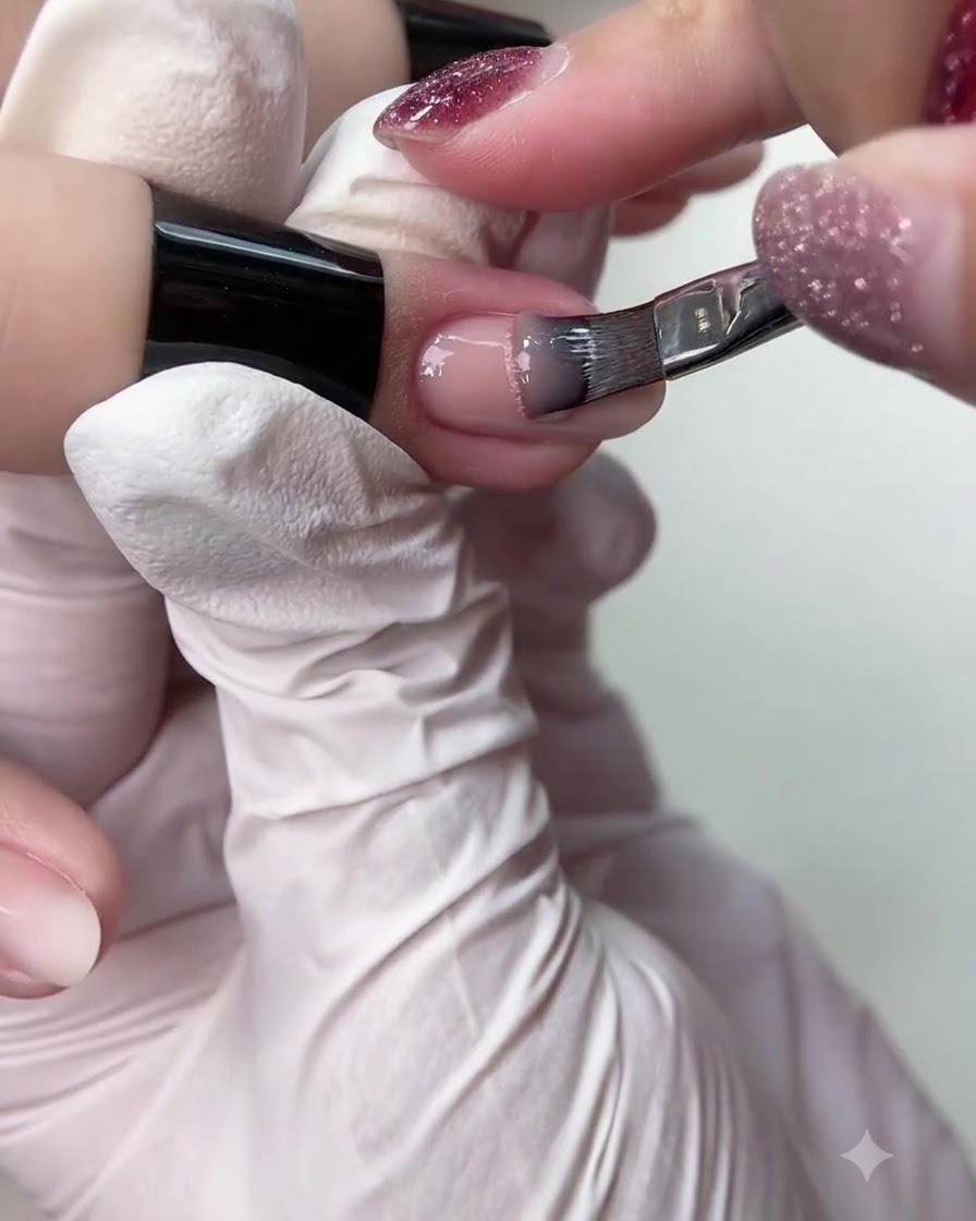 Un pennello che applica il gel bianco traslucido sulla superficie dellunghia.