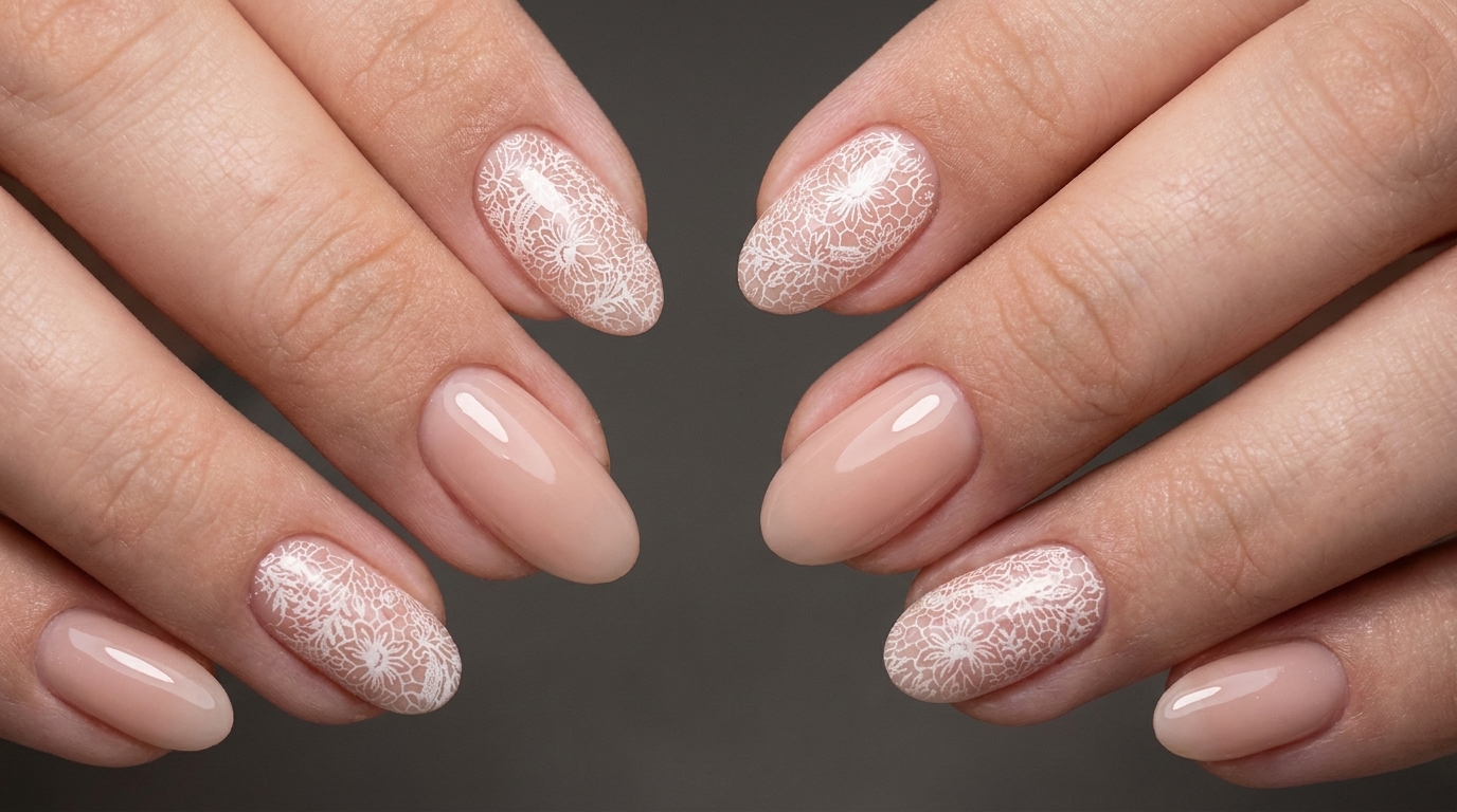 Nail Art con Stamping di Pizzo Nudo e Bianco — Tutorial Passo dopo Passo Elegante