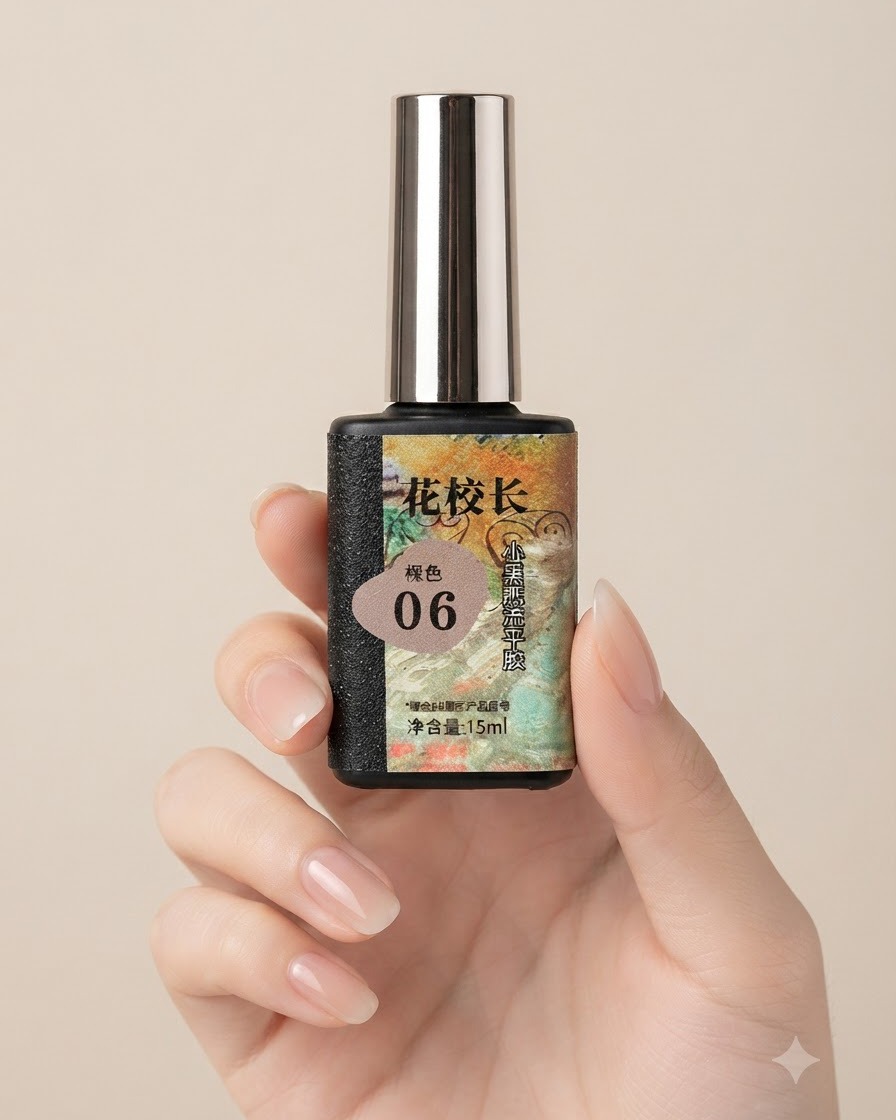 Un flacone di smalto gel etichettato come flower principal nude color shade 06 tenuto su uno sfondo neutro.