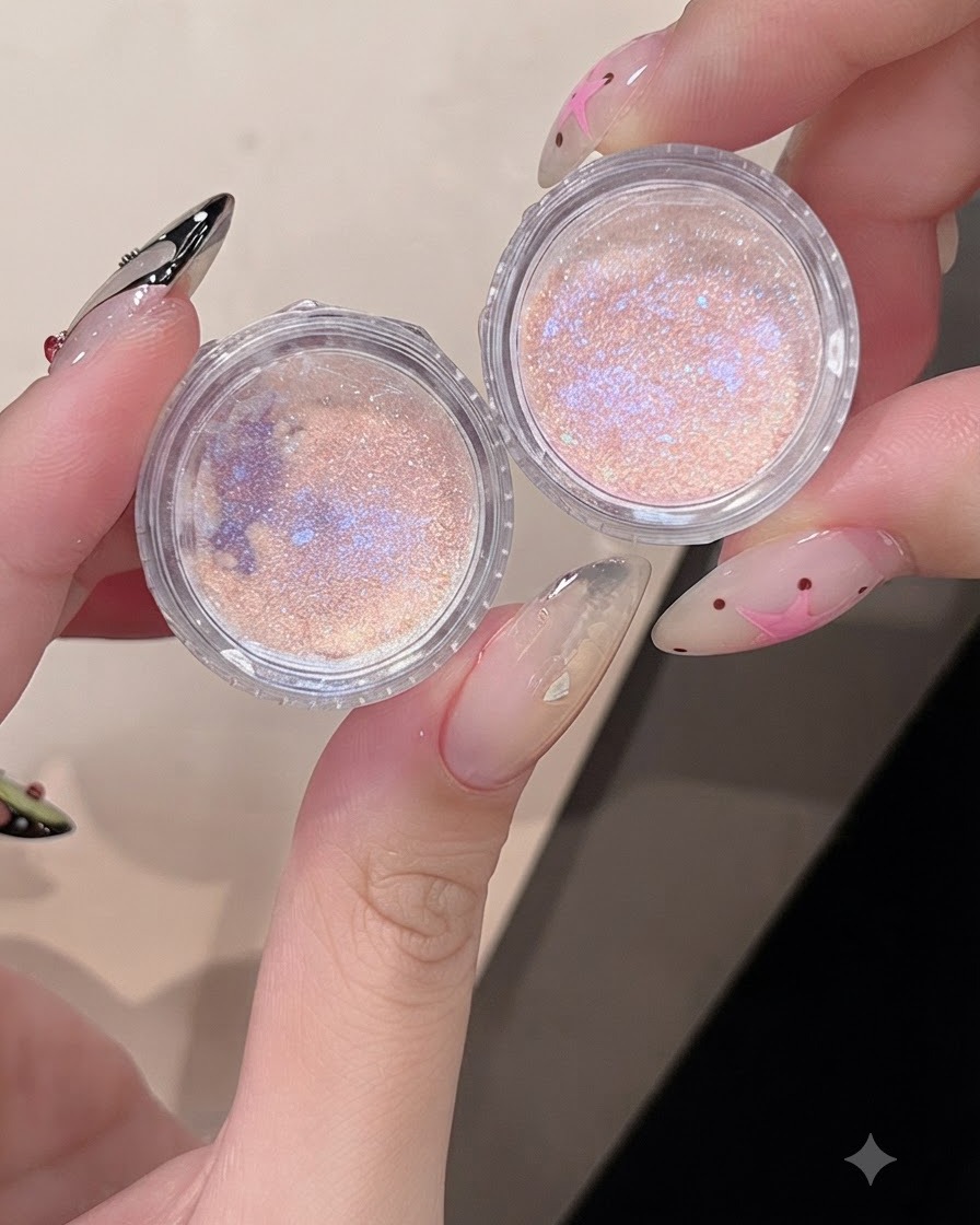 Due piccoli barattoli di scintillanti polveri aurora per unghie aperti uno accanto allaltro.