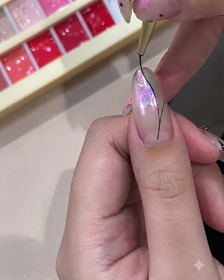 Primo piano di un pennello sottile per nail art che disegna sottili linee nere su ununghia iridescente per iniziare un design a farfalla.