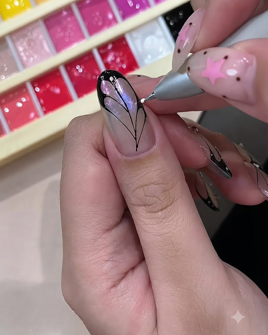 Uno strumento di puntinatura che posiziona piccoli punti bianchi sui bordi neri di ununghia con nail art di ali di farfalla.