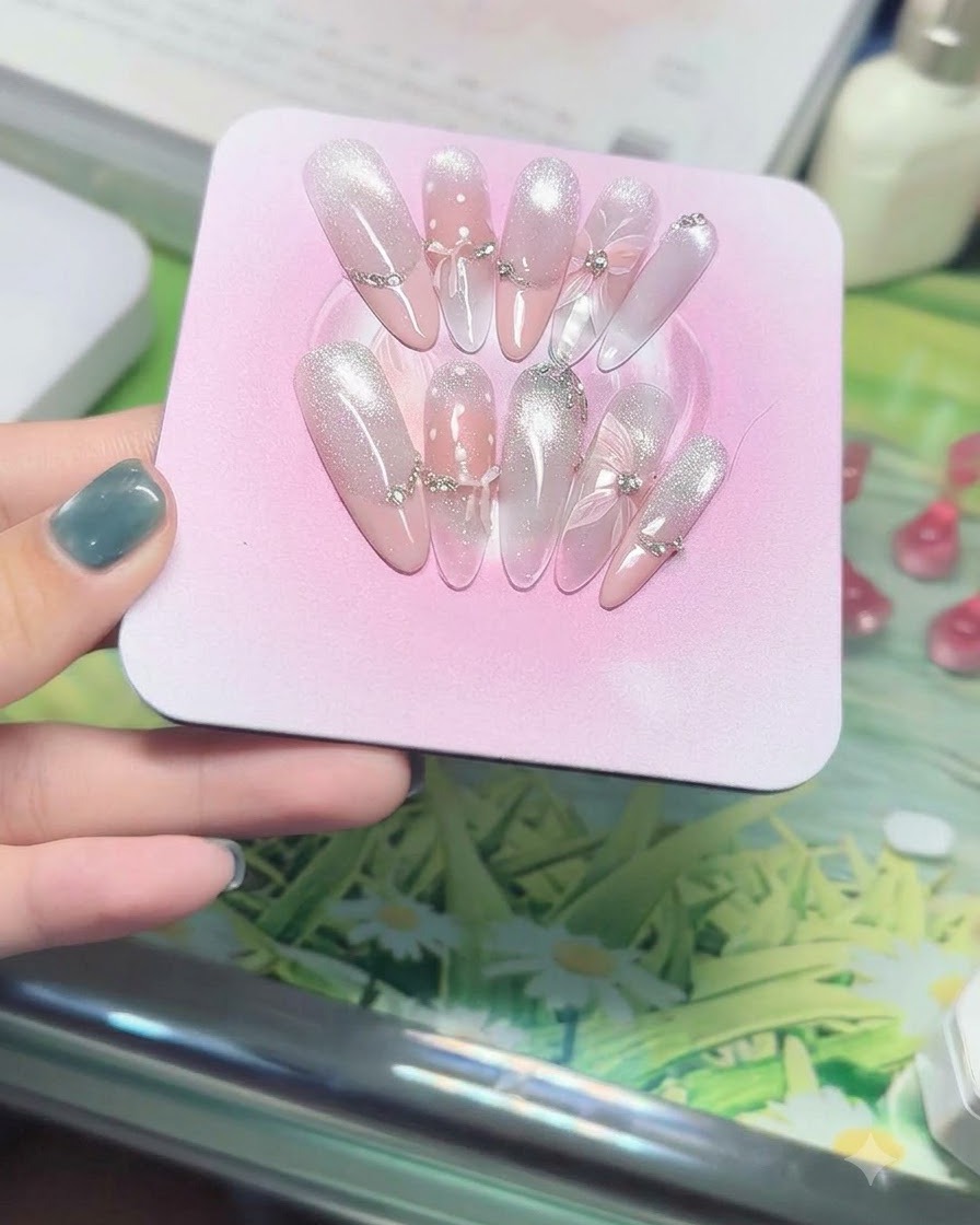 Una vista ravvicinata di un set di unghie press-on rosa decorate con fiocchi di cristallo 3D e catene di strass argentati sotto una morbida luce da studio.