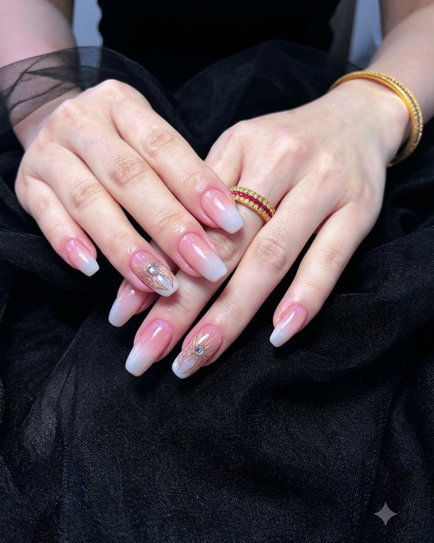 Un pennello applica uniformemente il gel colorato base rosa nude su ununghia preparata.