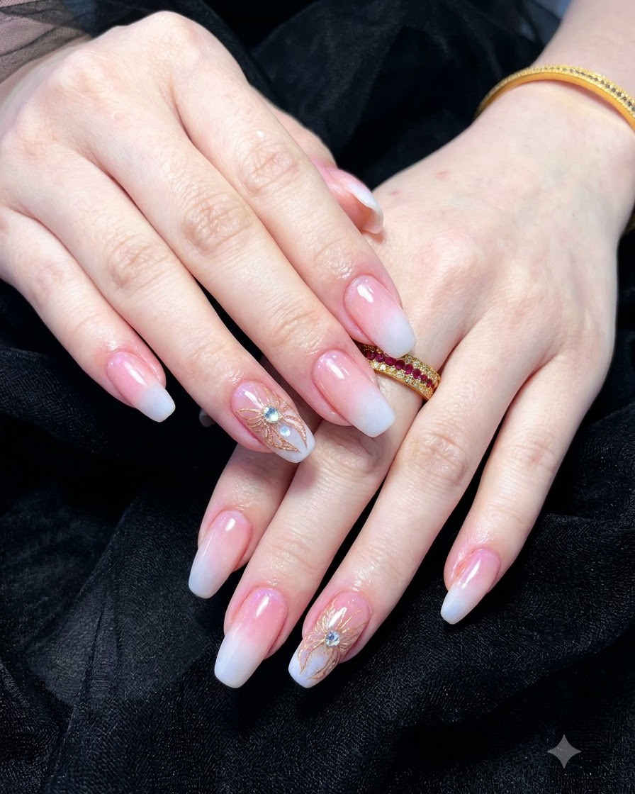 Applicazione dello smalto gel bianco latte sulle punte delle unghie utilizzando un pennellino fine.