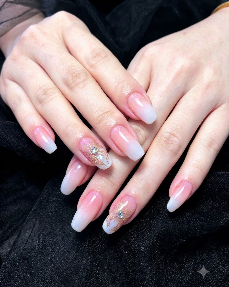 Primo piano di una mano con manicure mentre un ciondolo a farfalla dorato 3D e piccoli strass vengono posizionati su ununghia decorativa.