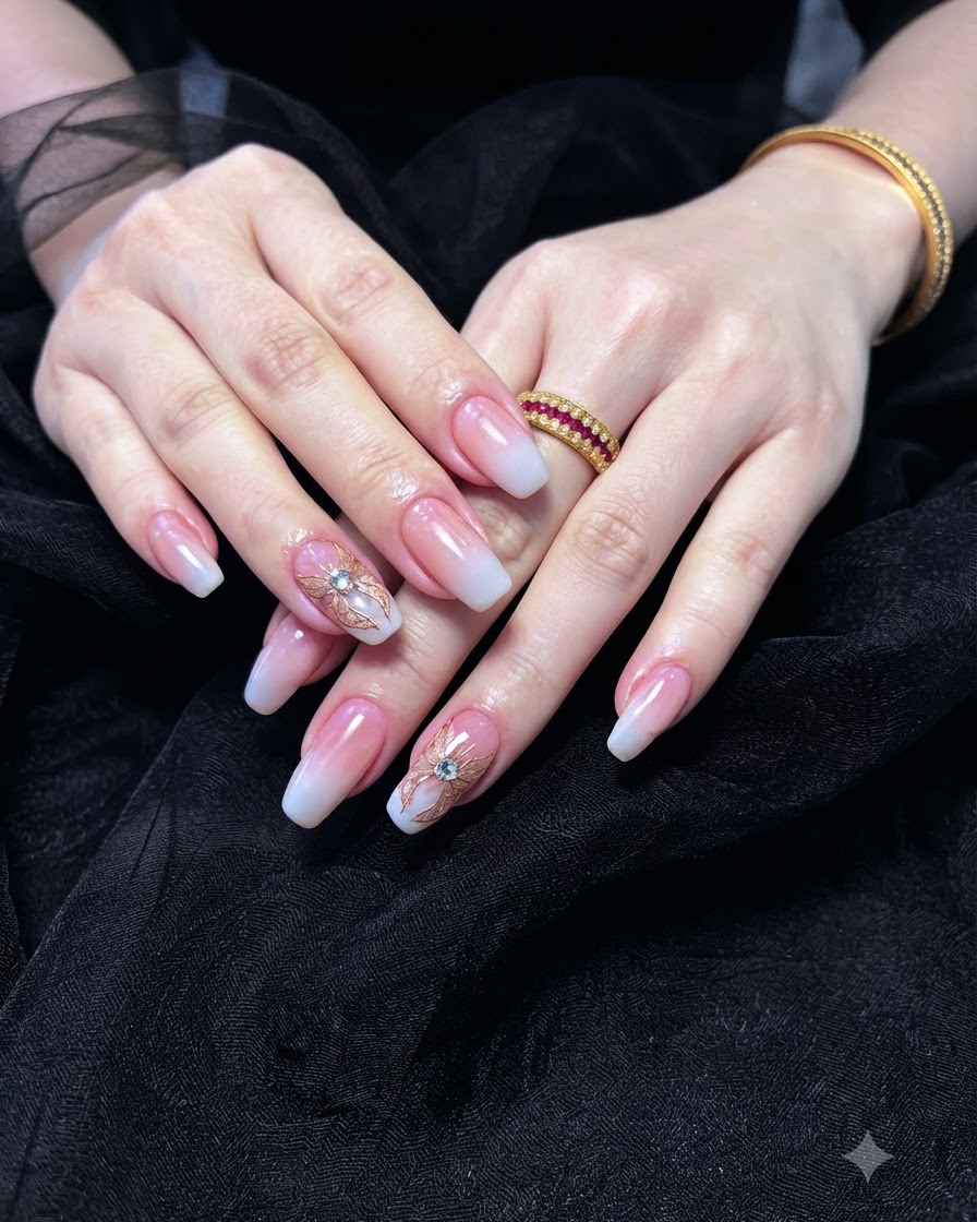 Due mani posizionate allinterno di una lampada professionale per unghie UV per polimerizzare le decorazioni in gel.