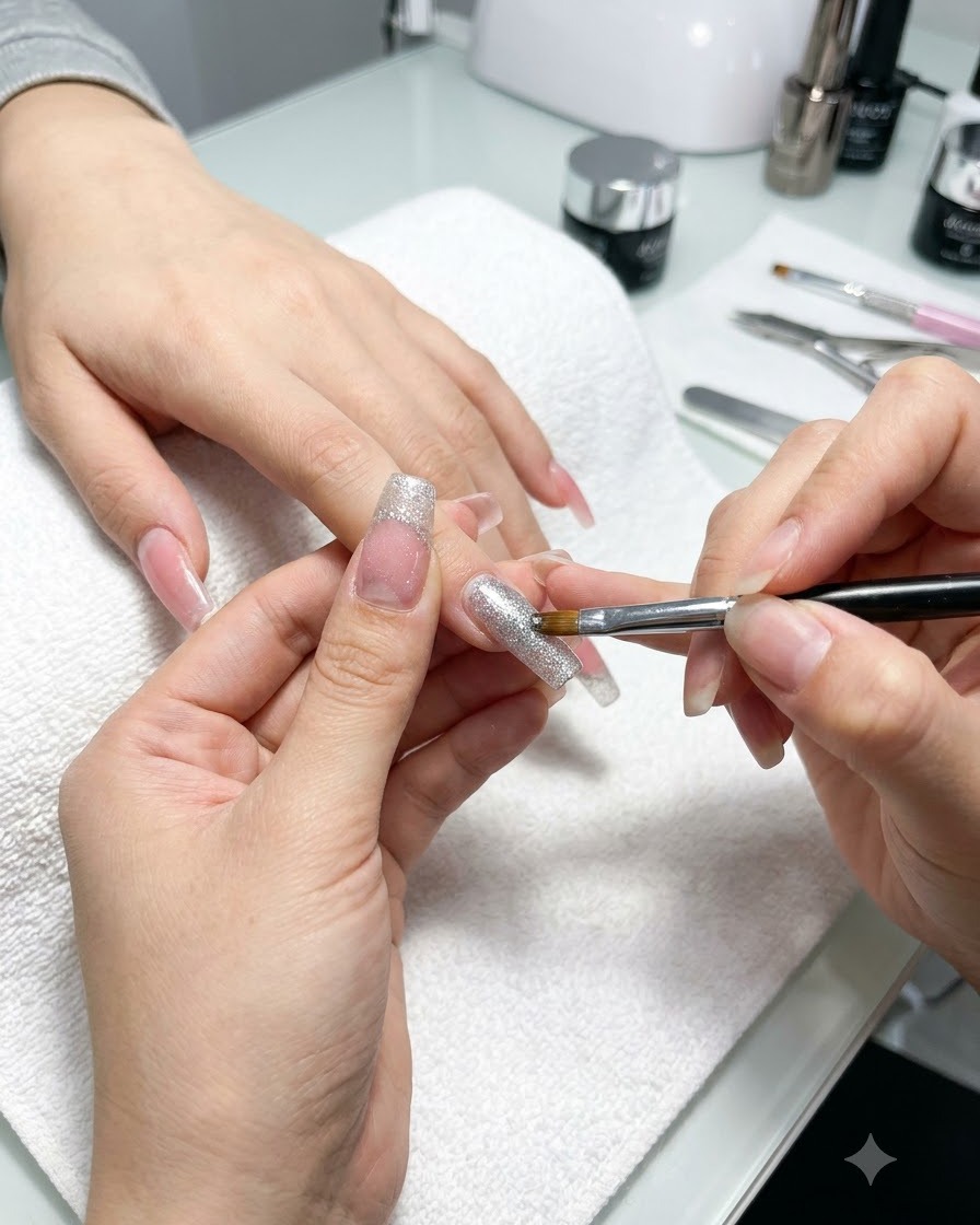 Un pennello che applica uno strato denso di glitter argento direttamente sul margine libero di ununghia manicure.