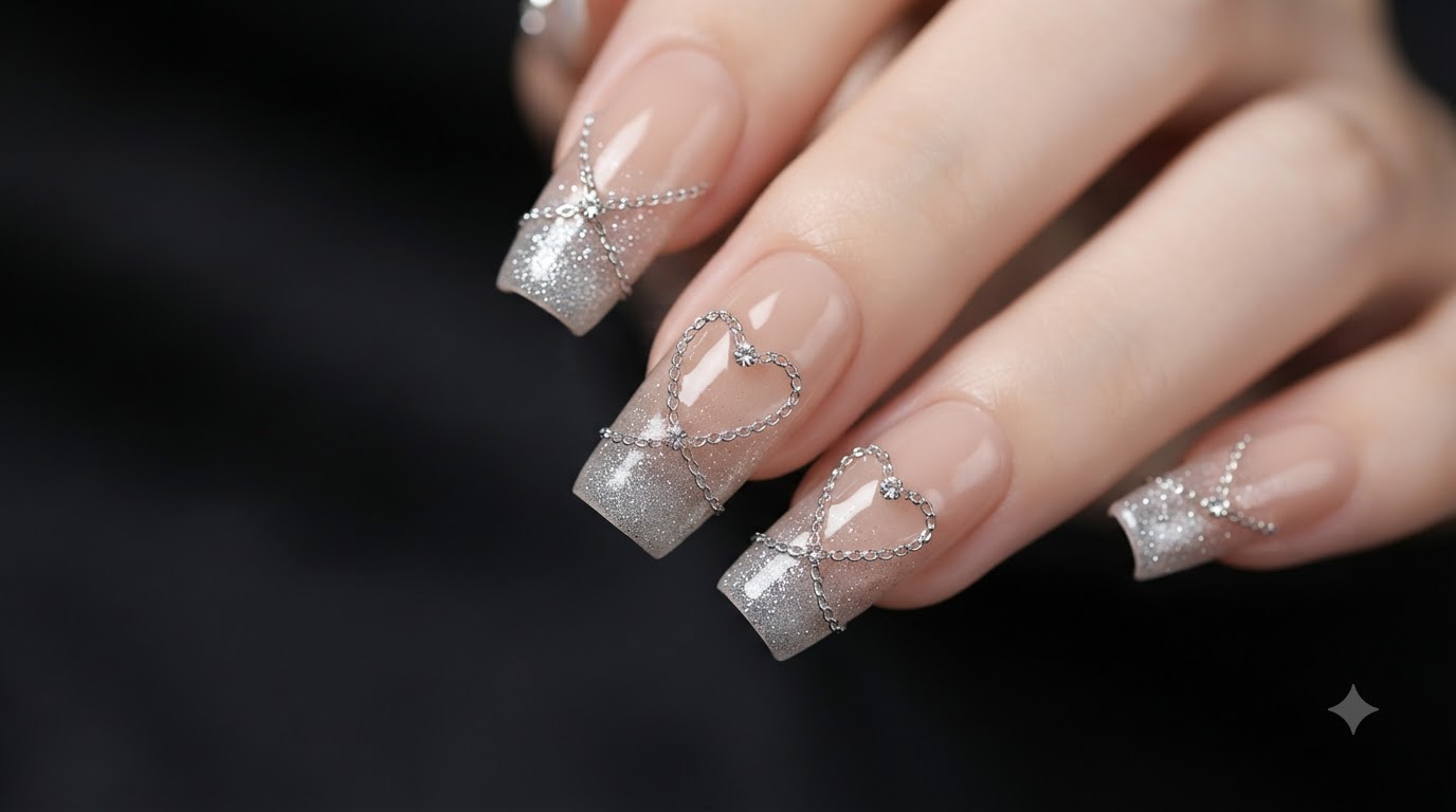 Unghie con sfumatura glitter argento, catenelle e strass stile fiaba — Tutorial passo dopo passo