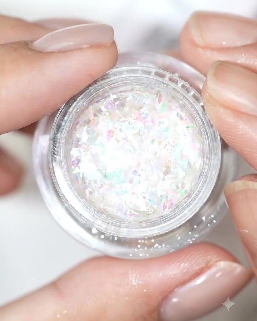 Un piccolo barattolo aperto pieno di polvere glitter iridescente bianca e pastello.